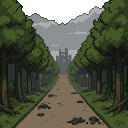 A dirt path leads through a dark forest towards a distant, mist-shrouded abandoned castle under an overcast sky.