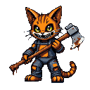 Anthropomorphic ginger tabby cat with glowing green eyes and a menacing grin, holding a blood-splattered axe over its shoulder.