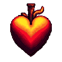 A glowing pixelated heart, yellow at the center, fading to red and purple at the edges, with a dark stem and fiery tendrils.
