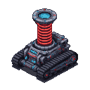 Futuristic tank with segmented treads, metallic grey chassis, glowing blue and red accents, and a towering Tesla coil with a red spiral and blue energy emitter against a transparent background.