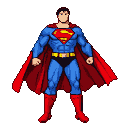 Superman in a heroic pose, wearing his blue suit with red cape and "S" shield.