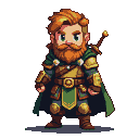 A stout, heroic figure with vibrant orange beard and hair, wearing ornate green and gold armor, a flowing cape, and a sword sheathed at his back.