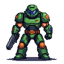 Heavily armored figure in emerald green armor with orange accents and a blue visor, holding a firearm.