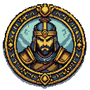 Stoic gladiator bust in ornate helmet and armor, depicted in relief within a golden circular emblem with decorative motifs.