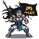 Martial artist with long black hair, blue headband, and metallic armor shouts with a staff held forward. A black flag with a golden gamer controller and "MAV" billows behind him.