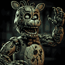 A damaged animatronic bear with a wide grin, glowing white eyes, and a raised right arm, set against a dark, indistinct background.