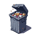 Overflowing metal trash bin with lid ajar, showing crumpled paper, empty cans, and small boxes.