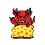 Mischievous red demon with sharp horns and fangs peeking over a large, hole-ridden chunk of yellow cheese.