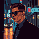 A man in a dark suit and blue shirt, wearing dark sunglasses, with a sharp haircut, is lit by blue neon light. The scene suggests a rainy, urban night with reflections.