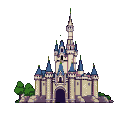 Majestic fairytale castle with blue-capped turrets and sandy-toned facade, set against a transparent background with stylized green trees and rocky terrain to the left.