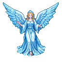 Serene angel with crystalline wings, adorned in a flowing blue and white gown, with arms outstretched.