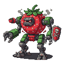 A strawberry-shaped mech with green limbs, one ending in a claw and the other a cannon. It has a skull and crossbones shield and glowing red eyes. Smoke rises from its shoulders.