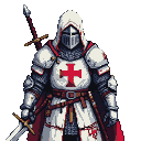 Stoic Templar knight in white tunic with red cross, wearing helmet and armor, sword sheathed on back and at side.