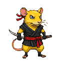 A yellow rat ninja in dark ninja garb with a red sash and bandana, holding two katanas.
