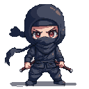Fierce chibi ninja with dark attire, dark blue mask and hood, and striking crimson eyes, stands ready for action.