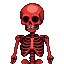Crimson pixel skeleton against a black void.