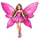A fairy with rose-petal-shaped pink wings, wearing a floral dress, with light brown hair.