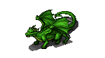 A vibrant green dragon in a top-down, three-quarters view, with partially unfurled wings and a sharp, alert gaze.
