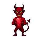 Menacing red devil with glowing yellow eyes and sharp teeth grins, clutching a large, faceted ruby to its chest.