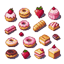 Assortment of pixelated strawberries, ring donuts with colorful icing, cupcakes with cherries, layered pastries, and a baguette.