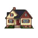 A two-story pixel art house with a gabled roof, red door, and red shutters, set against a black background.