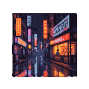 Silhouetted figure inside a brightly lit ramen shop on a wet, neon-lit cyberpunk street at twilight.