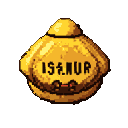 A plump, golden object with "ISANUR" in dark yellow block letters across its belly. Two small red dots suggest eyes.
