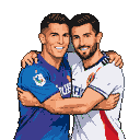 Cristiano Ronaldo in a blue jersey and Lionel Messi in a white kit embrace, both smiling.