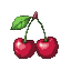 Two plump, ruby-red cherries with a green stem and a single vibrant leaf.