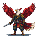 Anthropomorphic eagle warrior, Indonesian Task Force member, with spread red wings, holding a sword, wearing dark blue and gold armor.