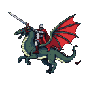 Knight in gleaming armor and red cape riding an emerald-scaled dragon with wings spread, holding a silver sword aloft.