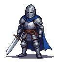 A medieval knight in gleaming silver armor and a blue cape, holding a steel sword.