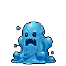 Translucent bright blue slime monster with wide eyes and an open, jagged mouth, oozing and rippling with small slime droplets floating around it.