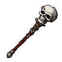 A menacing skull-topped staff. The skull is stark white bone with empty sockets and a grimacing mouth, encircled by an ornate golden band. The shaft transitions from dark wood to iron with metallic accents.