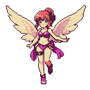 Anime-inspired pixie with large feathered wings, wearing a purple bikini with leg straps and sashes, with a playful and mischievous expression.