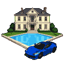 Cream mansion with dark roof and multiple windows, crystal-blue swimming pool in front, and a vibrant blue Ferrari with neon green undercarriage lights parked nearby.