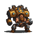 A stout, bearded dwarf in steampunk attire wields a wrench, hunched inside the cockpit of a brass-plated mechanical suit with glowing blue ocular sensors.