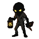 A hunched, shadowy figure with piercing yellow eyes holds a flickering lantern and a rusty knife.