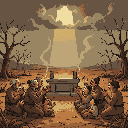 Villagers kneel on dry earth before a stone altar, hands raised in prayer to a dusty sky, while a single light ray pierces the clouds.