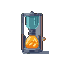 A glowing orange molten orb contained within a transparent glass chamber, suspended by a gray and blue industrial metallic frame. Teal fluid fills the upper part of the chamber.
