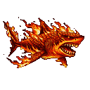 A ferocious shark lunges forward, engulfed in vibrant, pixelated flames, with its mouth agape revealing sharp teeth.