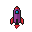 A purple rocket with red fins and a crimson nose cone, a blue viewport, on a black background.