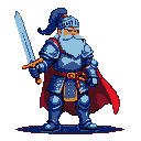 Stout, elderly knight in blue-grey plate armor with gold accents, holding a silver sword. He has a long white beard and mustache, a red cape, and a blue helmet with a dark blue plume.