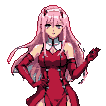 Zero Two in her crimson battle suit, pink hair, and horns, with a confident smirk.