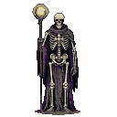 A skeletal priest in purple robes holds a glowing orb atop a staff against a black background.
