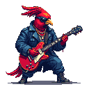Stylized anthropomorphic cardinal in a red and black outfit, wearing a blue leather jacket and playing a red electric guitar.