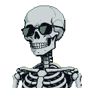 Stylized skeleton with dark sunglasses, anime aesthetic, sharp pixelated lines, dark background.