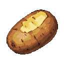 A baked potato with a split revealing its fluffy, golden interior.