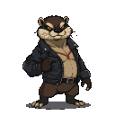A muscular otter wearing a black leather jacket, bare chest with a red cord, and a defiant glare.