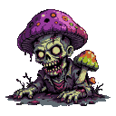 A grotesque zombie with decaying green and purple flesh, vacant glowing eyes, and a large mushroom growing from its head.